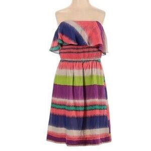 Shoshanna Rainbow Silk Strapless Dress with Smocked Waist